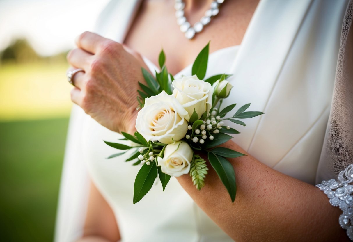 A delicate wrist corsage of white roses and greenery adorns the mother of the groom's outfit, complementing her elegant attire