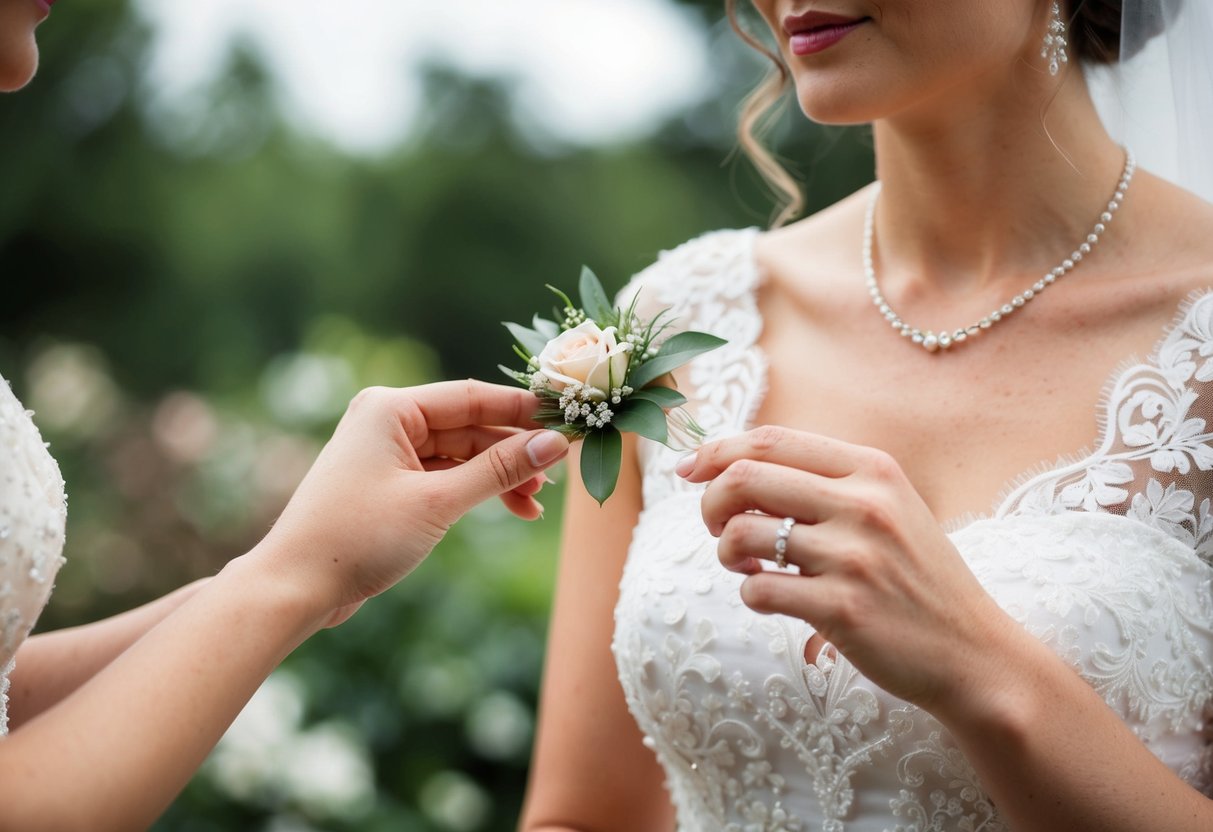 A bride holds a delicate corsage in her hand, deciding which side to wear it on for her wedding