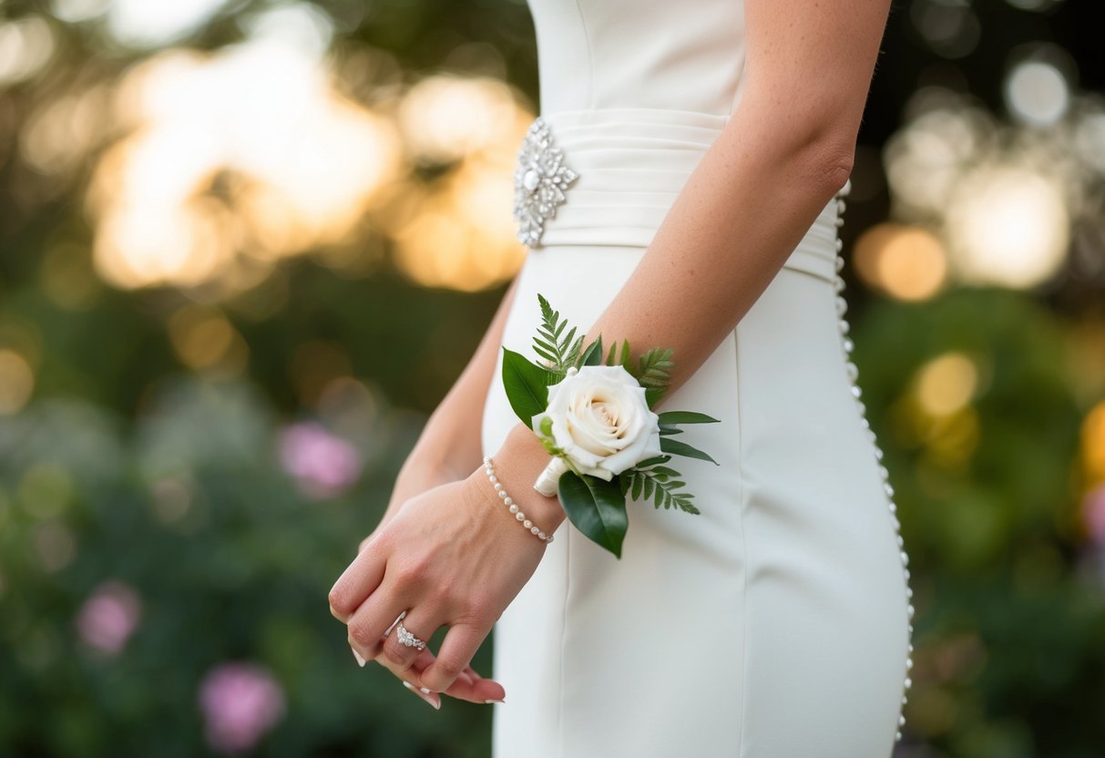 A woman's hand holding a corsage, positioned on the left side of a formal dress