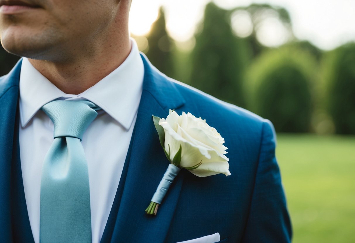 A groom's suit jacket lapel with a fresh, neatly placed buttonhole flower