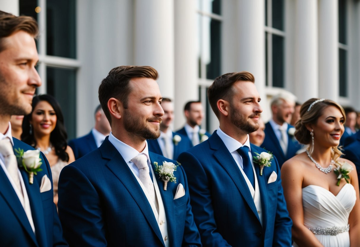 A wedding scene with guests wearing modern attire and personalized buttonholes, reflecting the UK tradition
