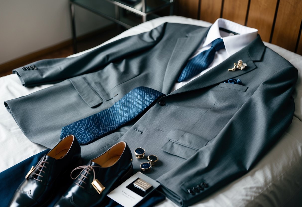 A grey suit laid out on a bed, surrounded by a collection of ties, cufflinks, and a pair of polished dress shoes