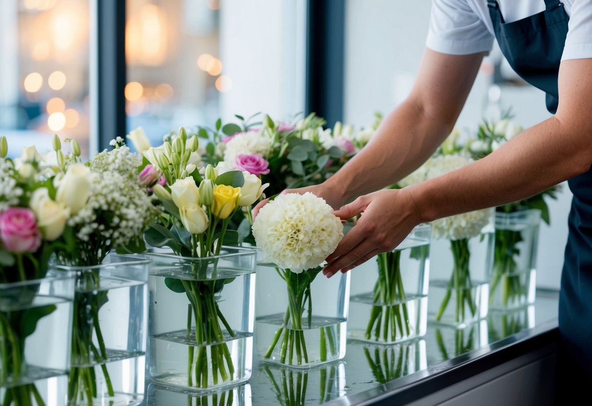 A florist carefully places fresh wedding flowers in water-filled containers and refrigerates them to prevent wilting