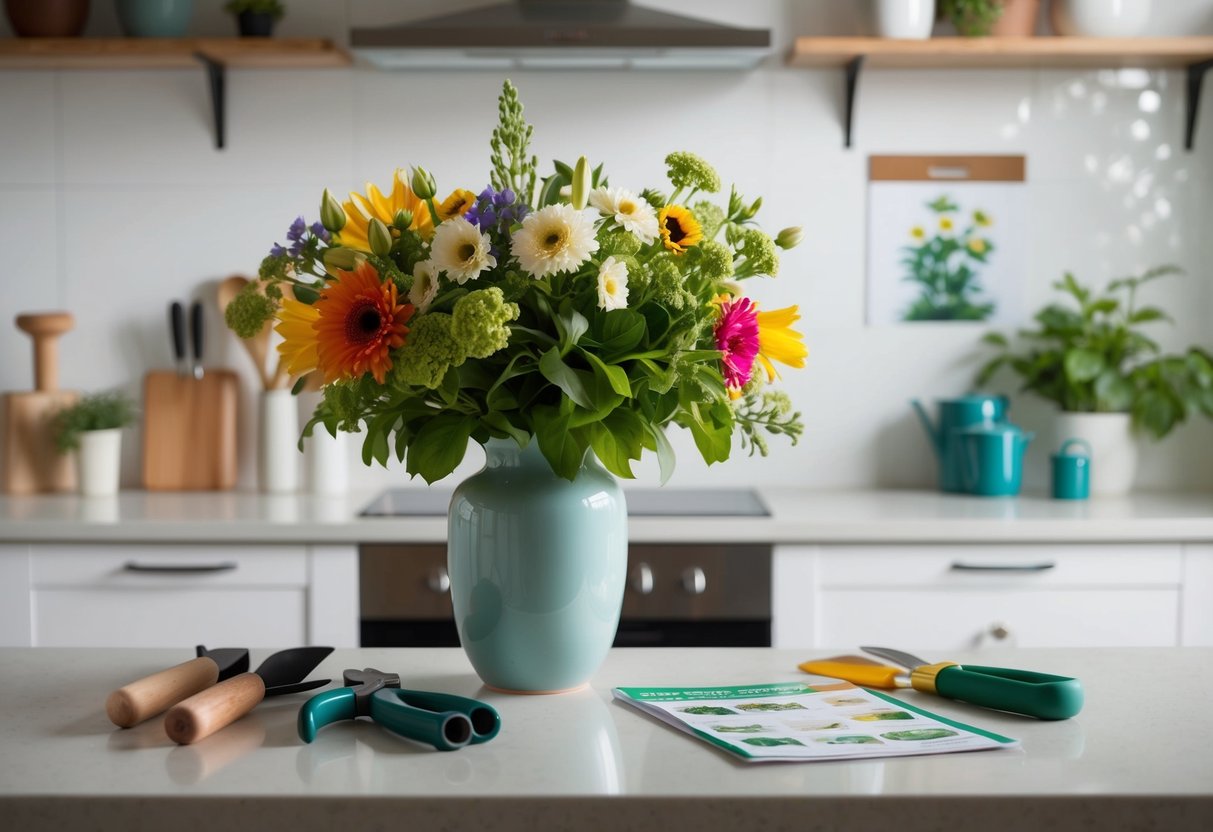 A vase of fresh flowers sits on a kitchen counter, surrounded by gardening tools and a care guide