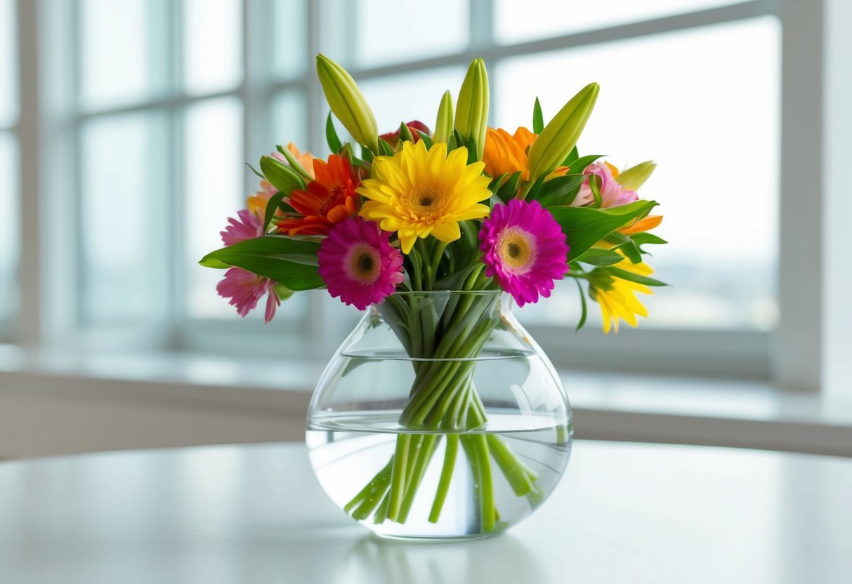 A glass vase filled with water, holding a colorful bouquet of fresh flowers on a clean, flat surface