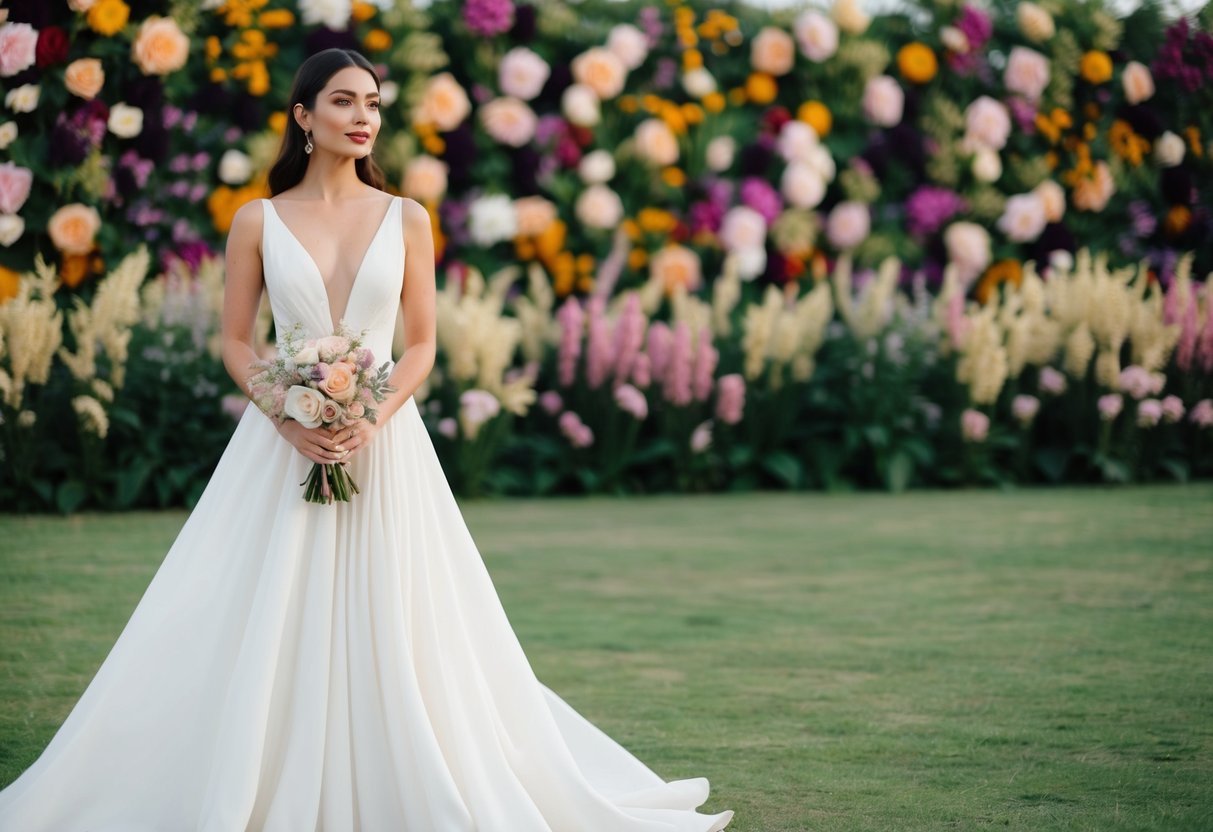 A woman in a flowing white dress stands against a backdrop of colorful flowers and greenery, holding a small bouquet of pastel blooms