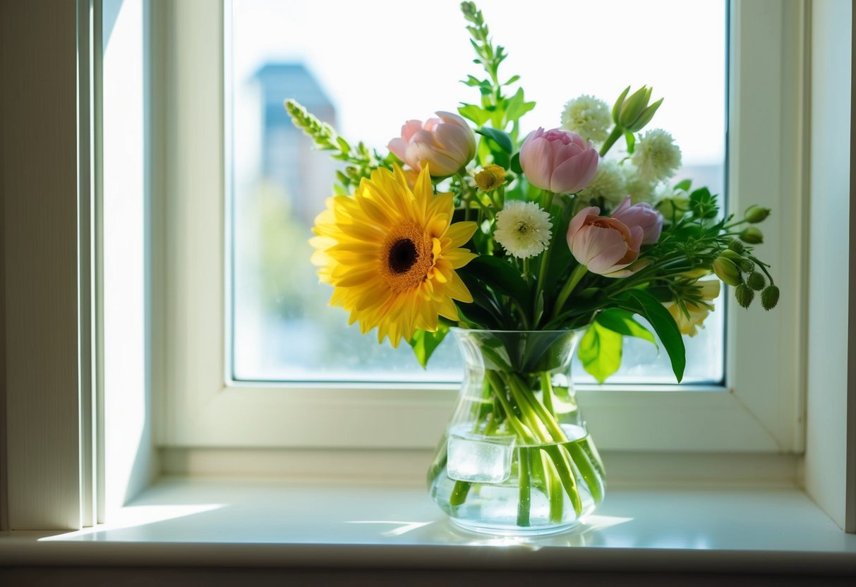 A vase of fresh flowers sits on a windowsill, bathed in sunlight. A few ice cubes float in the water, keeping the bouquet fresh for longer