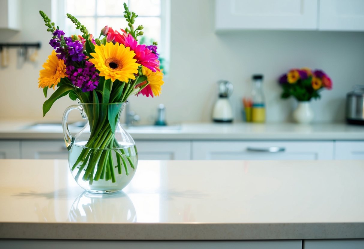 A glass vase filled with water sits on a clean, clutter-free kitchen counter. A bouquet of vibrant, fresh flowers is neatly arranged inside the vase