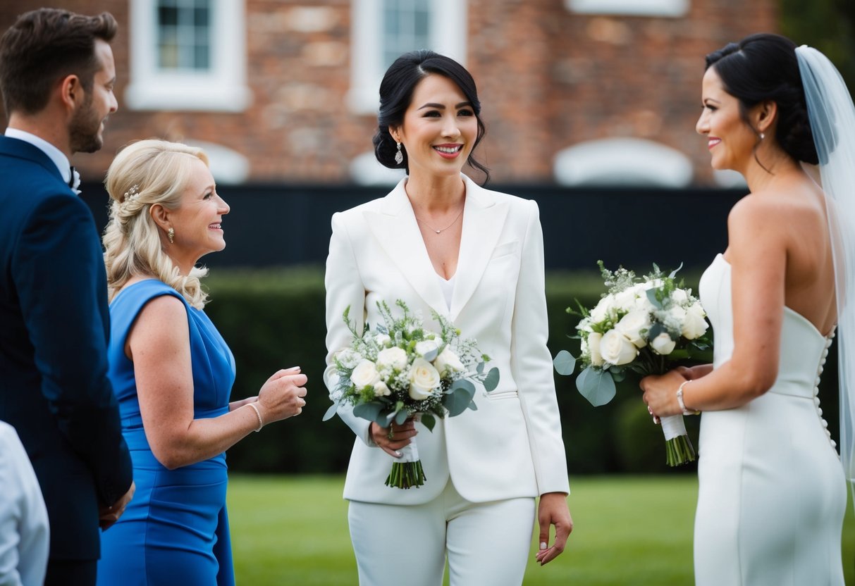 A woman in a white outfit stands near a bride, holding a bouquet. The bride smiles, indicating approval of the woman's attire