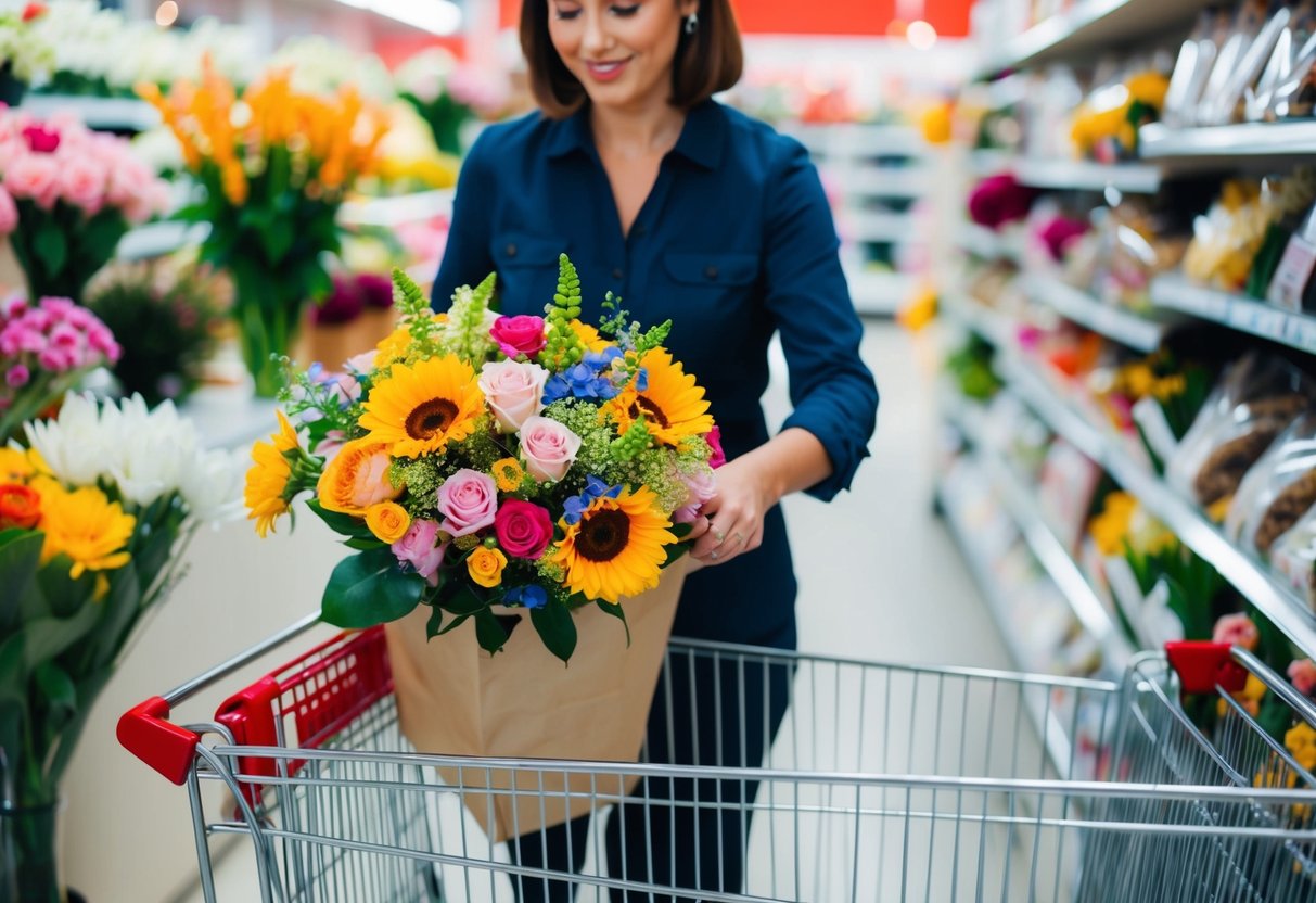 A person placing a bouquet of flowers in a shopping cart at a flower shop