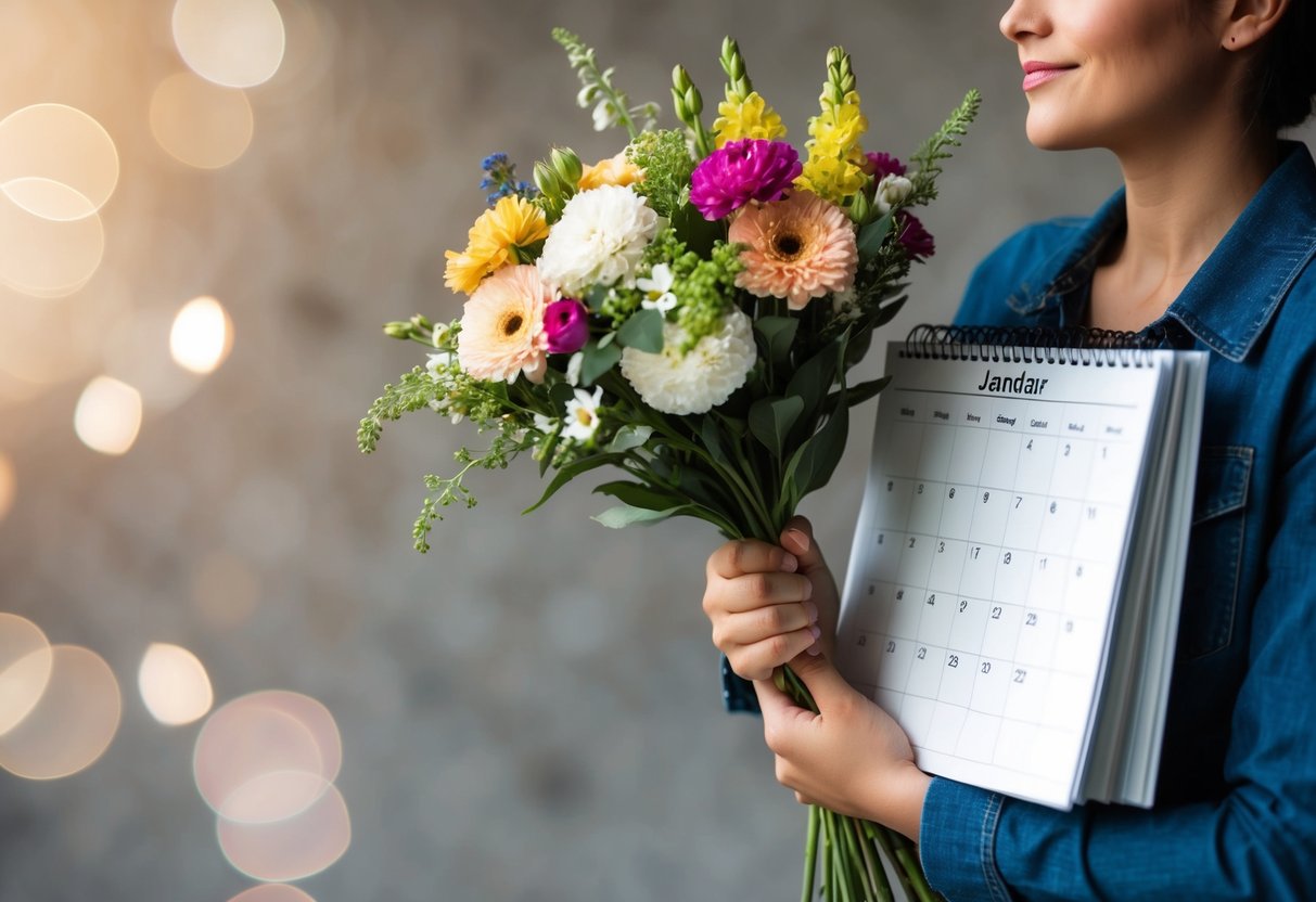 A person holding a bouquet of fresh flowers in one hand and a calendar in the other, with a thoughtful expression on their face