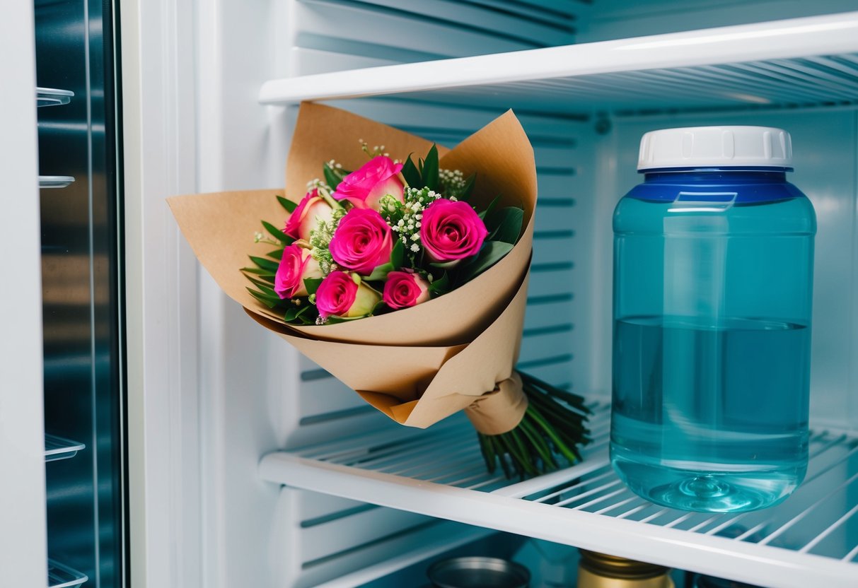 A bouquet of fresh flowers wrapped in paper sits on a clean, organized shelf in a refrigerator next to a container of water