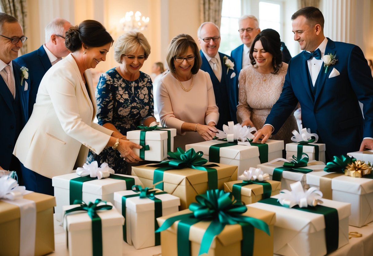A family gathers around a beautifully decorated gift table at a wedding reception, placing their thoughtful presents among the other wrapped packages