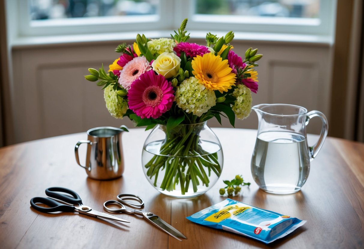 A bouquet of fresh flowers sits in a clear vase on a wooden table, surrounded by a pair of scissors, a water pitcher, and a packet of flower food