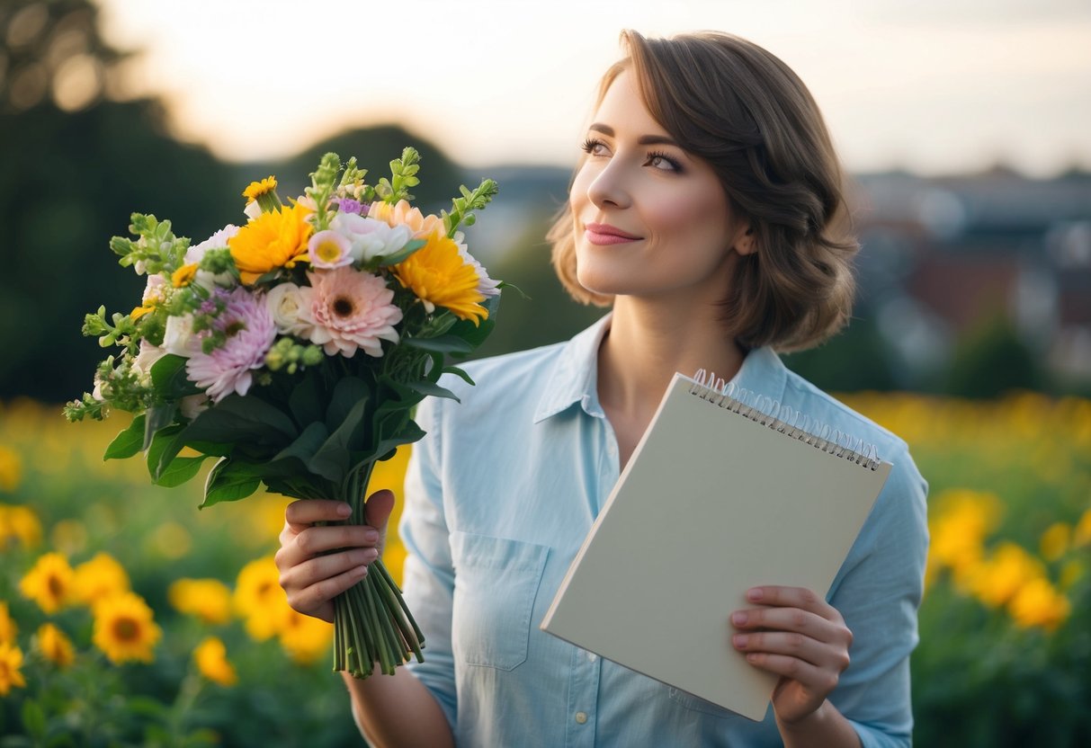 A person holding a bouquet of fresh flowers in one hand and a calendar in the other, with a thoughtful expression on their face