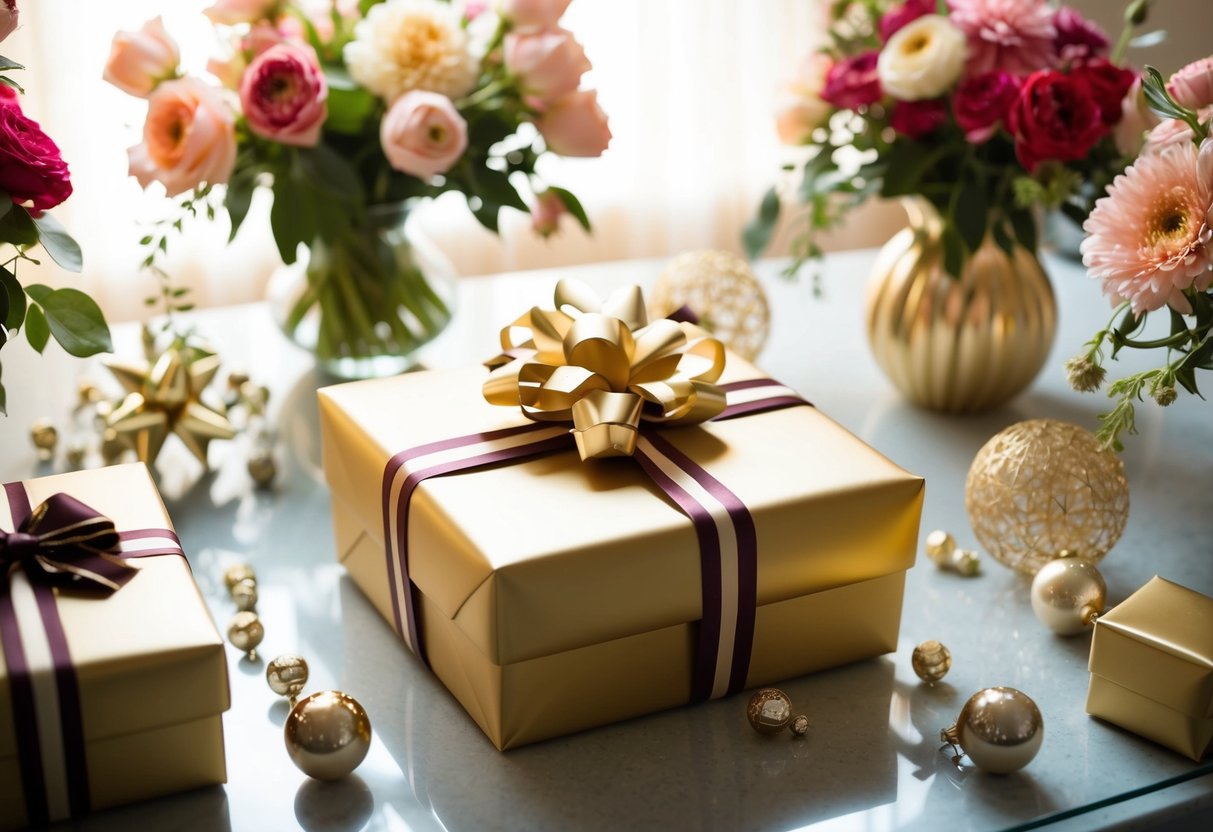 A beautifully wrapped gift box on a table, surrounded by elegant decorations and flowers