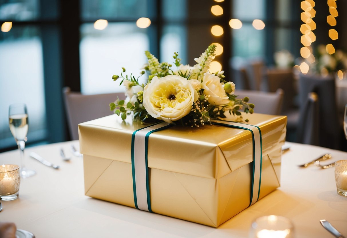 A beautifully wrapped gift box sits on a table, adorned with ribbons and flowers, ready to be presented at a wedding