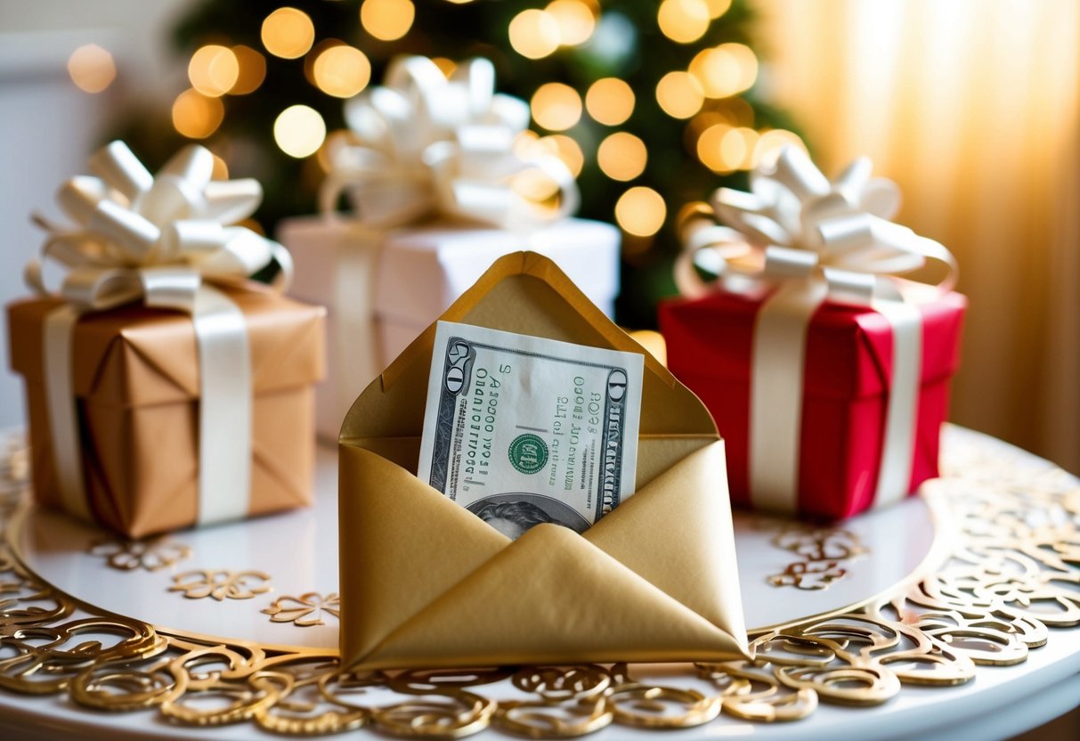 A beautifully wrapped gift envelope with cash inside placed on a decorative wedding gift table