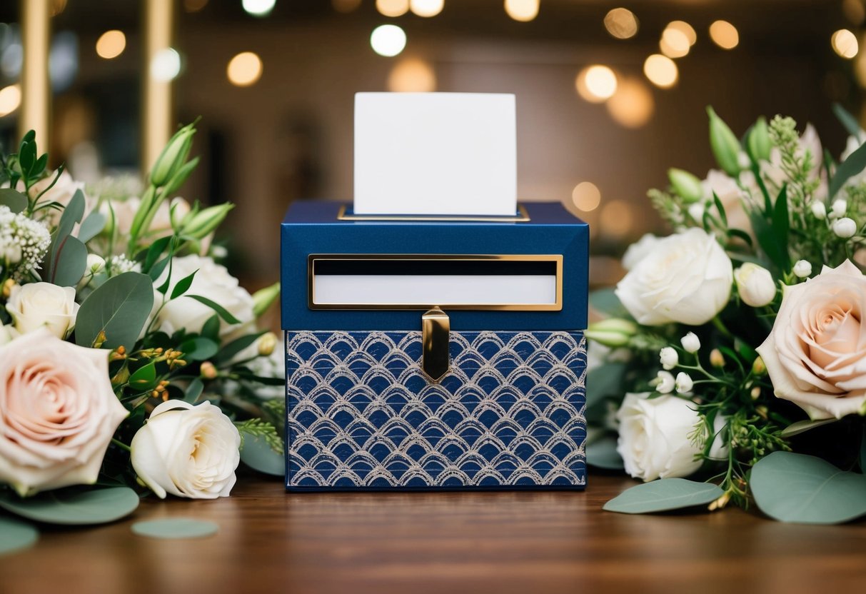 A decorative box with a slot for cards, surrounded by floral arrangements and wedding decorations