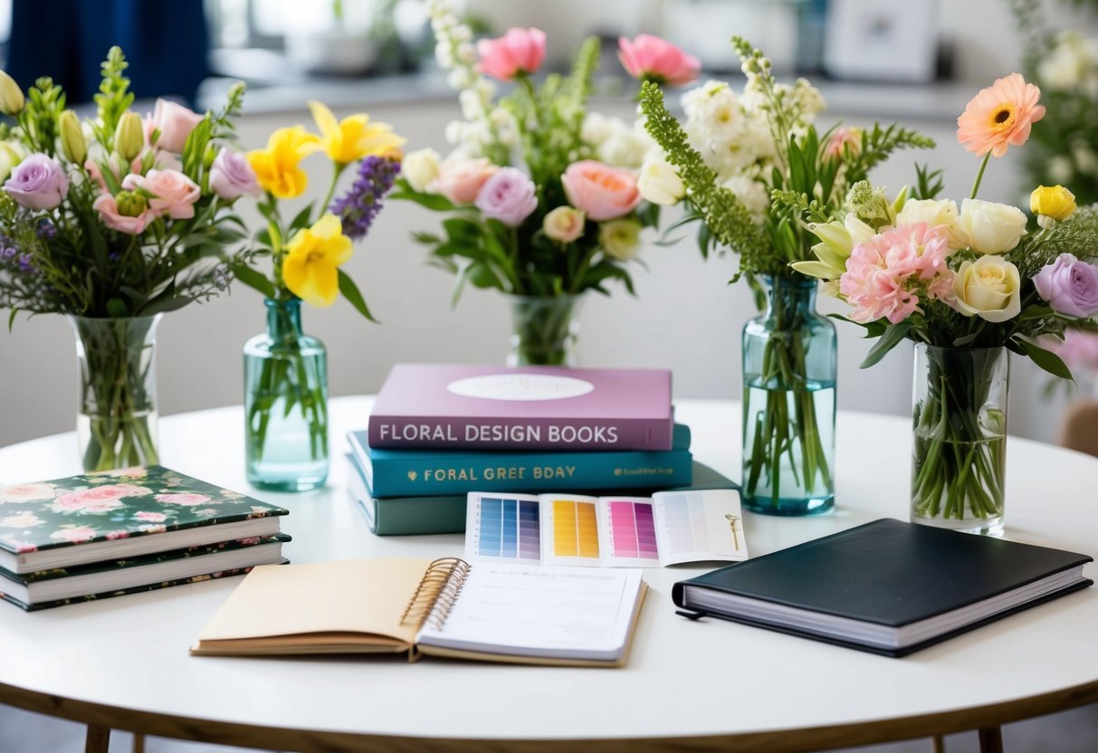 A table set with floral design books, color swatches, and a notebook for notes, surrounded by vases of fresh flowers and greenery