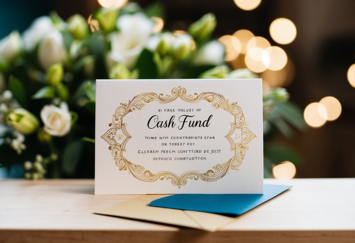 A decorative wedding card with an elegant cash fund request and a small envelope for contributions