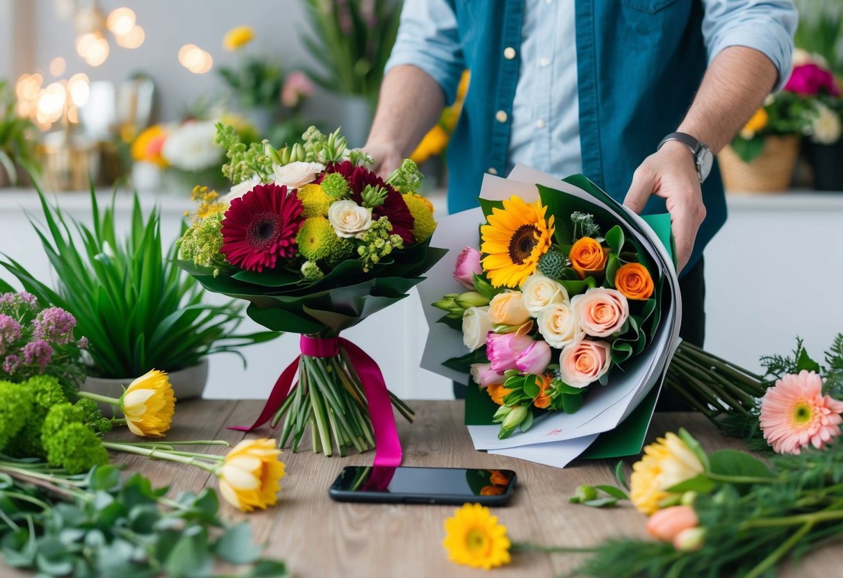 A person comparing a bouquet from a local florist to one ordered online, surrounded by various flowers and greenery