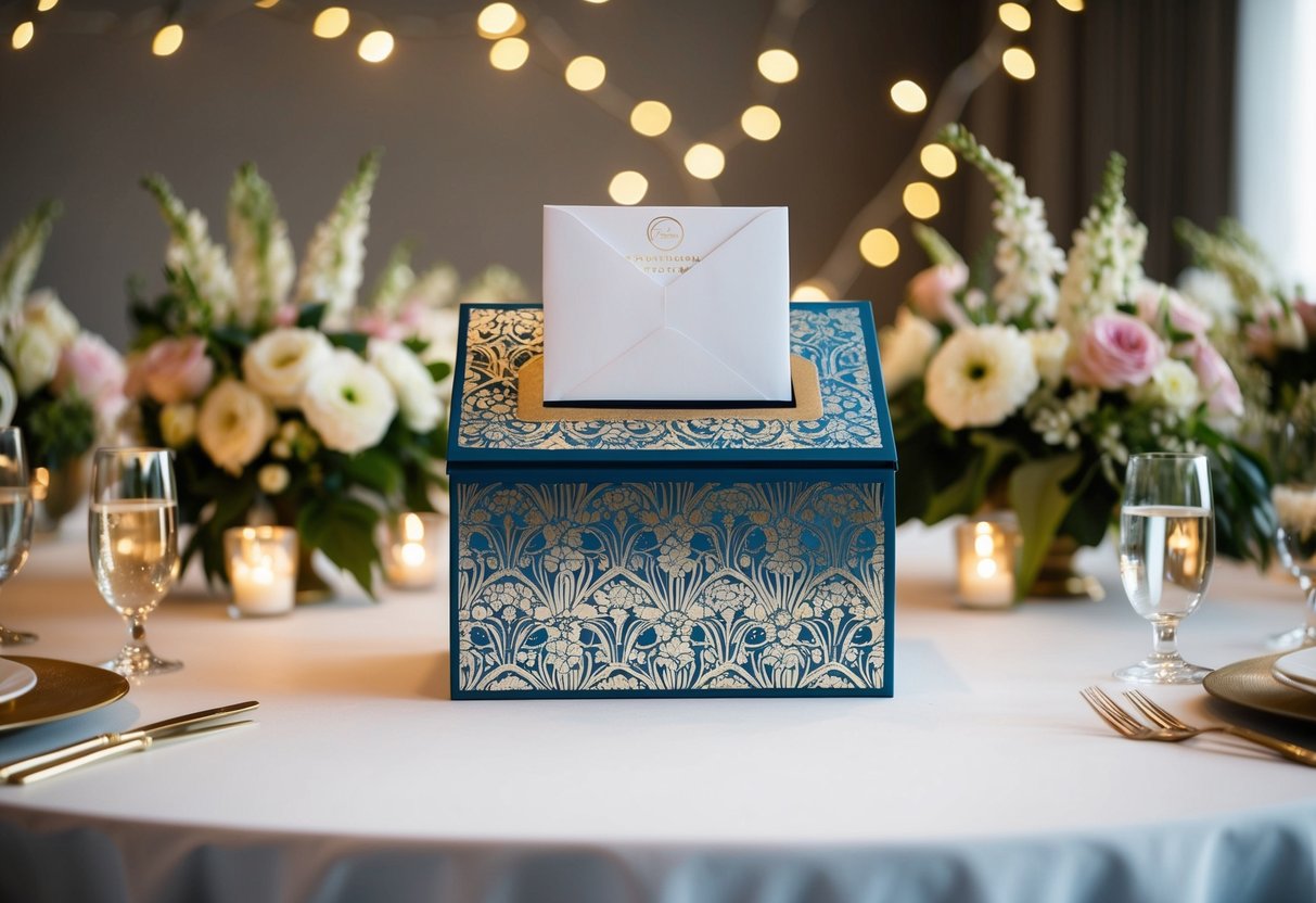 A decorative box with a slot for envelopes sits on a table, surrounded by elegant floral centerpieces and twinkling string lights