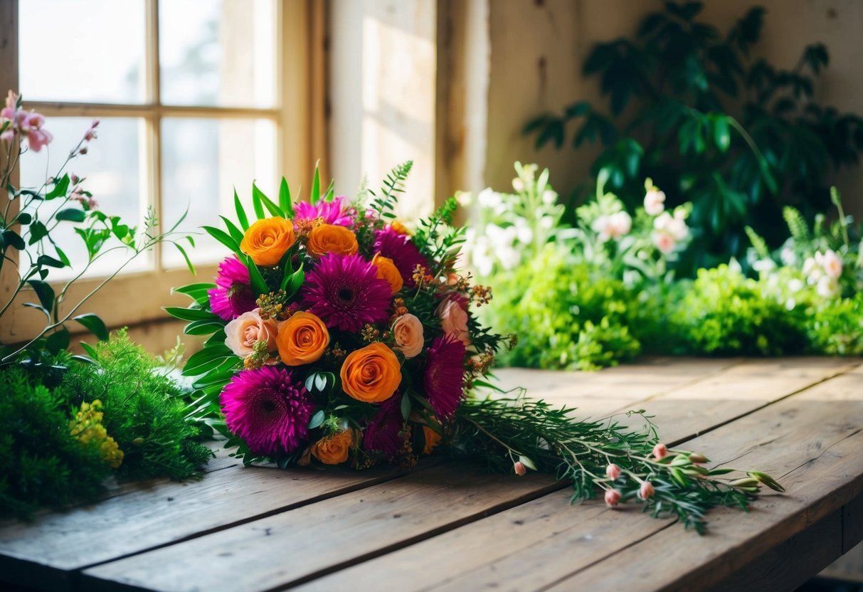 A vibrant bouquet sits on a rustic wooden table, surrounded by lush greenery and delicate blooms. Sunlight streams in through a nearby window, casting a warm glow over the scene