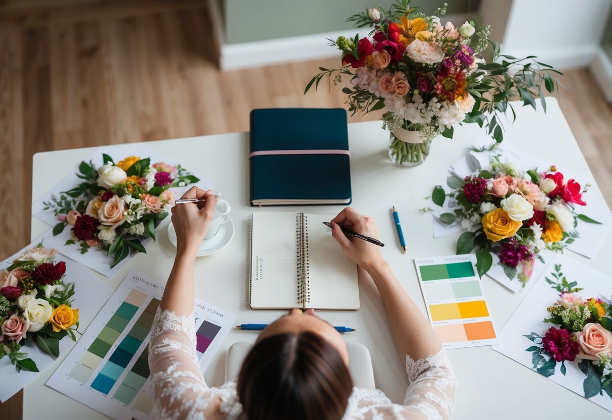 A bride-to-be sits at a table with a notebook and pen, surrounded by floral mood boards and color swatches. A vase of fresh flowers sits in the center