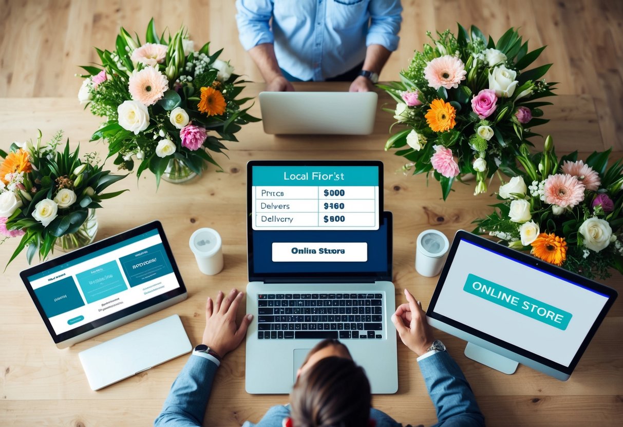 A person comparing prices and delivery options between a local florist and an online store, surrounded by flower arrangements and computer screens