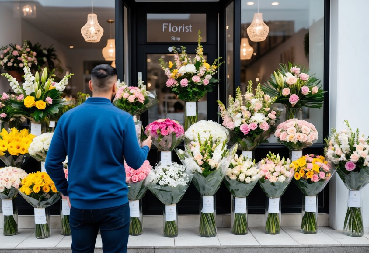 A customer standing in front of a local florist shop, admiring a beautiful display of custom floral arrangements