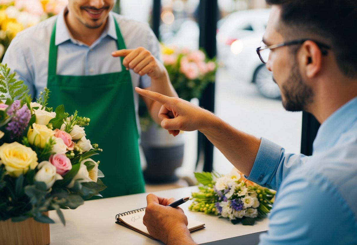 A customer points to a bouquet and gestures towards the florist, who responds with a nod and begins to write down a price on a small notepad