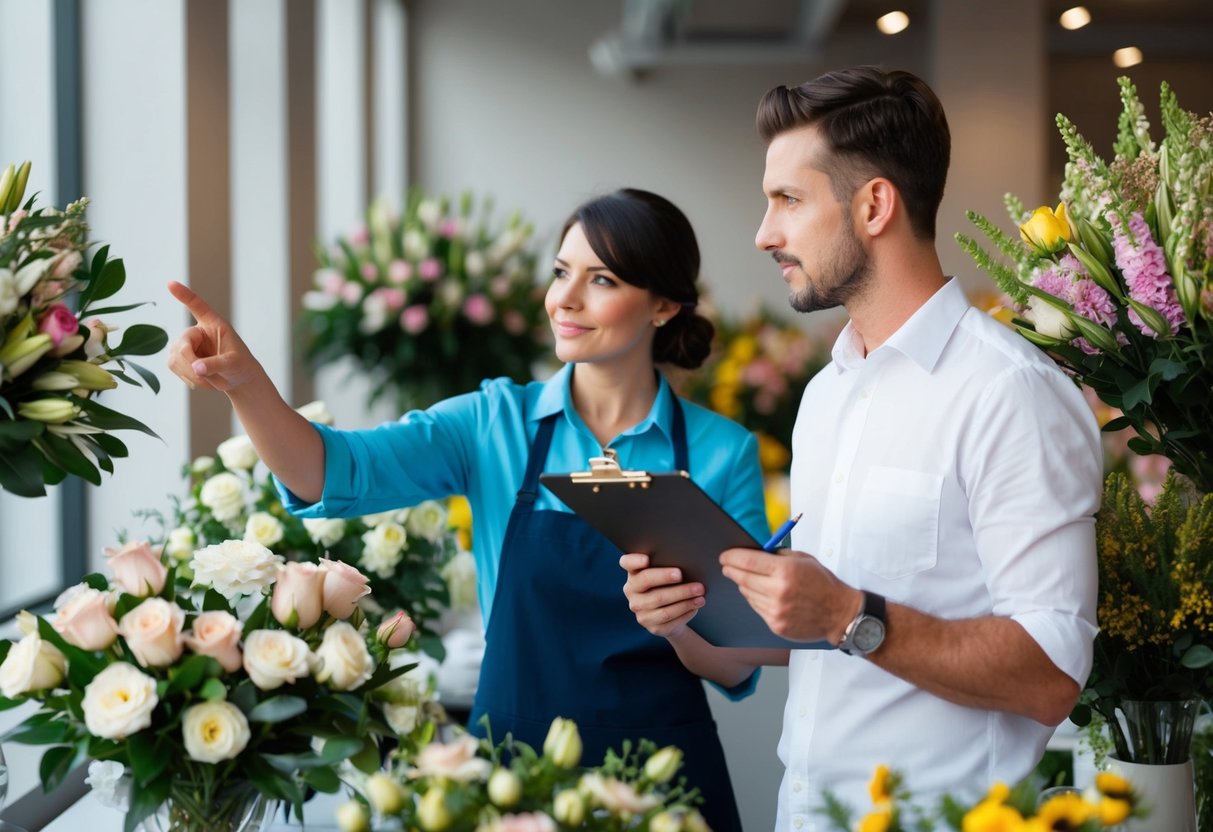 A person pointing to various floral arrangements while a florist holds a clipboard and nods attentively