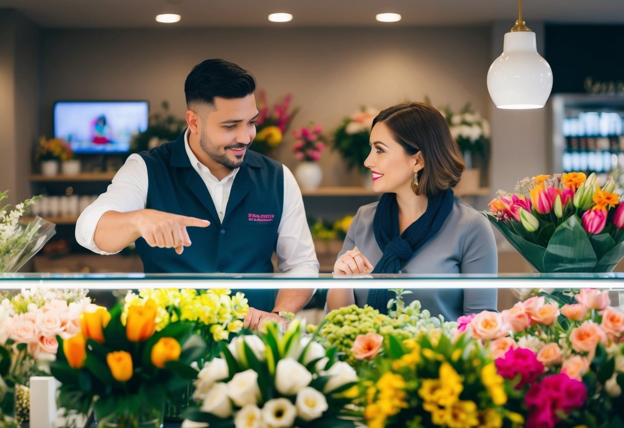 A person pointing to various flower arrangements while speaking to a florist behind a counter