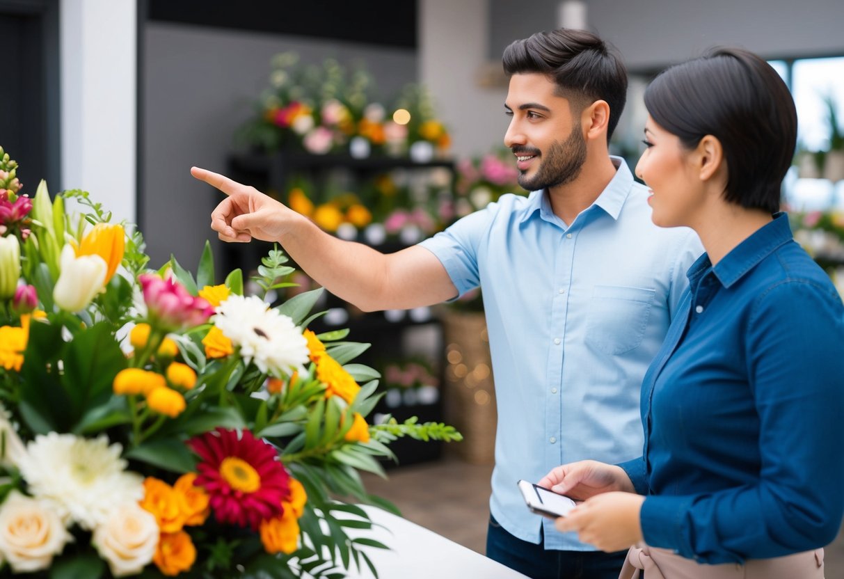 A customer pointing to a floral arrangement, gesturing to ask a florist for the price