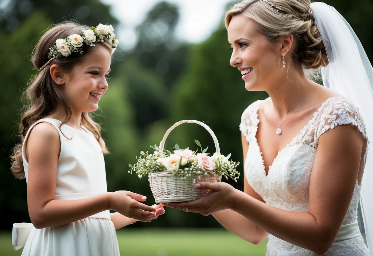 A bride handing a flower girl a small basket of petals and a floral crown, smiling as she explains her responsibilities