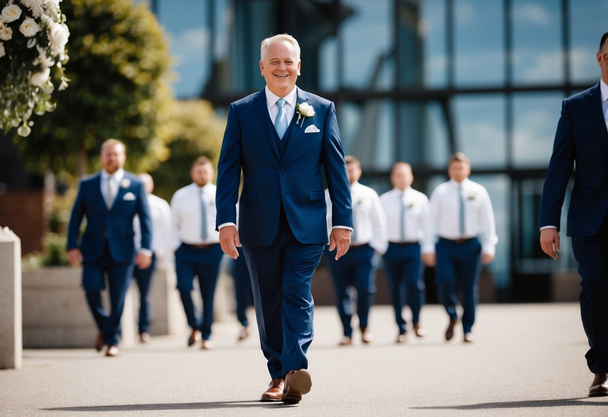 The groom's dad walks with a proud and confident stride
