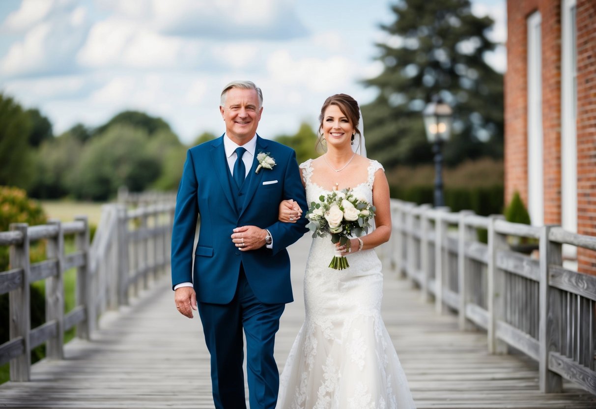 The father of the groom walks alongside the mother of the bride, both beaming with pride