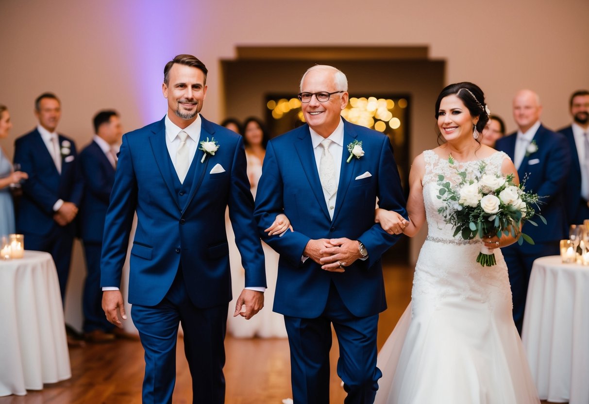 The groom's dad walks with the bride's mother at the reception