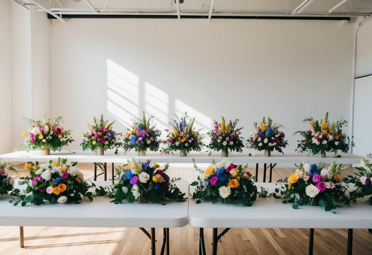An array of colorful wedding flower arrangements being meticulously crafted and arranged on a long table in a spacious, sunlit studio