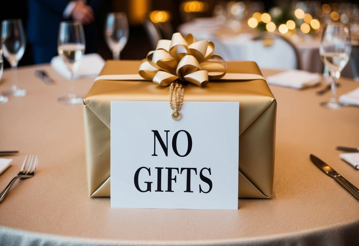 A beautifully wrapped present on a table with a sign that reads "No gifts" at a wedding reception