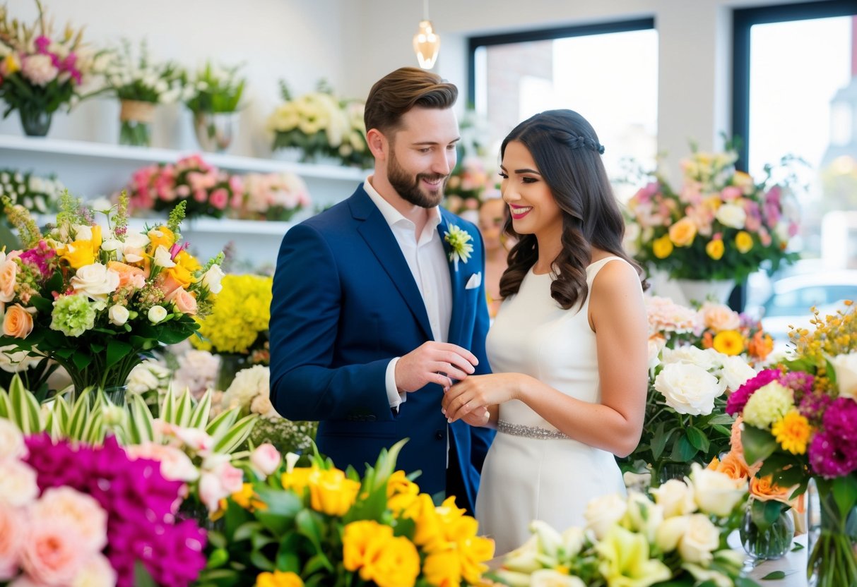 A couple browsing through colorful floral arrangements at a wedding florist's shop, discussing options with the florist