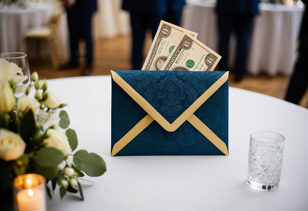 A decorative envelope with money inside placed on a gift table at a wedding reception in the UK