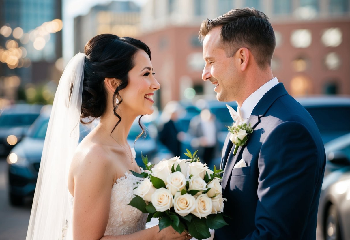 A bride and groom exchanging a bouquet of white roses