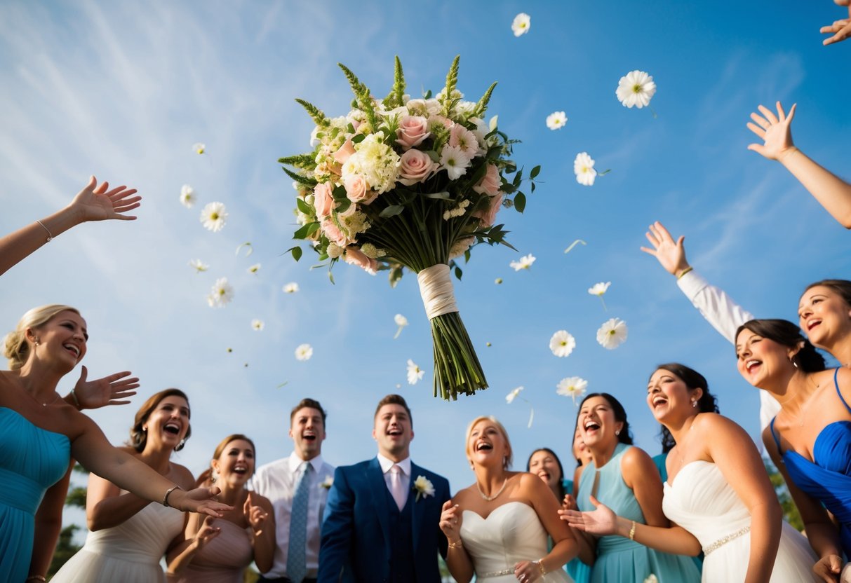 A bouquet of flowers flying through the air, surrounded by excited wedding guests reaching out to catch it