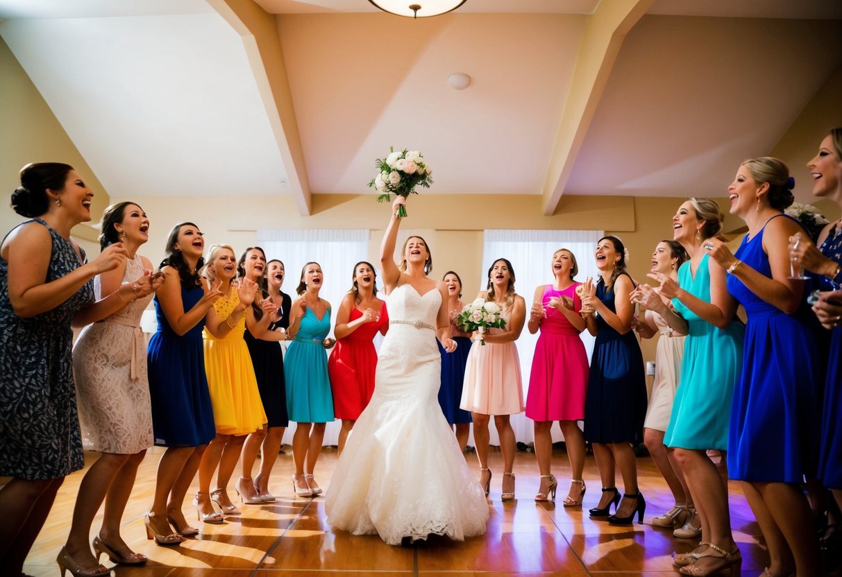 A group of excited women gather on the dance floor, eagerly anticipating the bouquet toss. The bride stands at the center, ready to throw her bouquet into the air