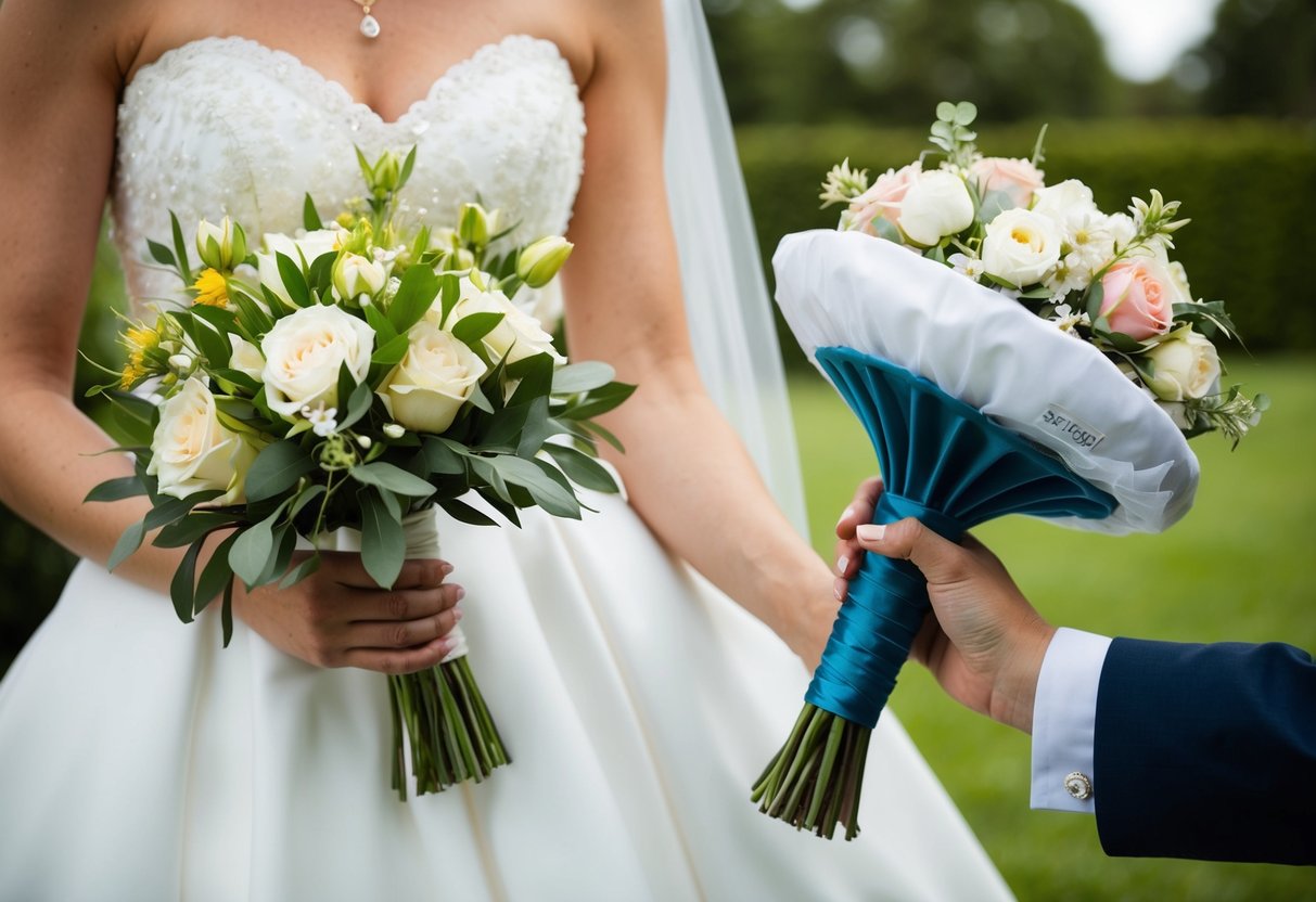 A bride holds a bouquet in one hand and an artificial one in the other, contemplating which to throw. The real bouquet features fresh flowers, while the artificial one is made of silk and plastic