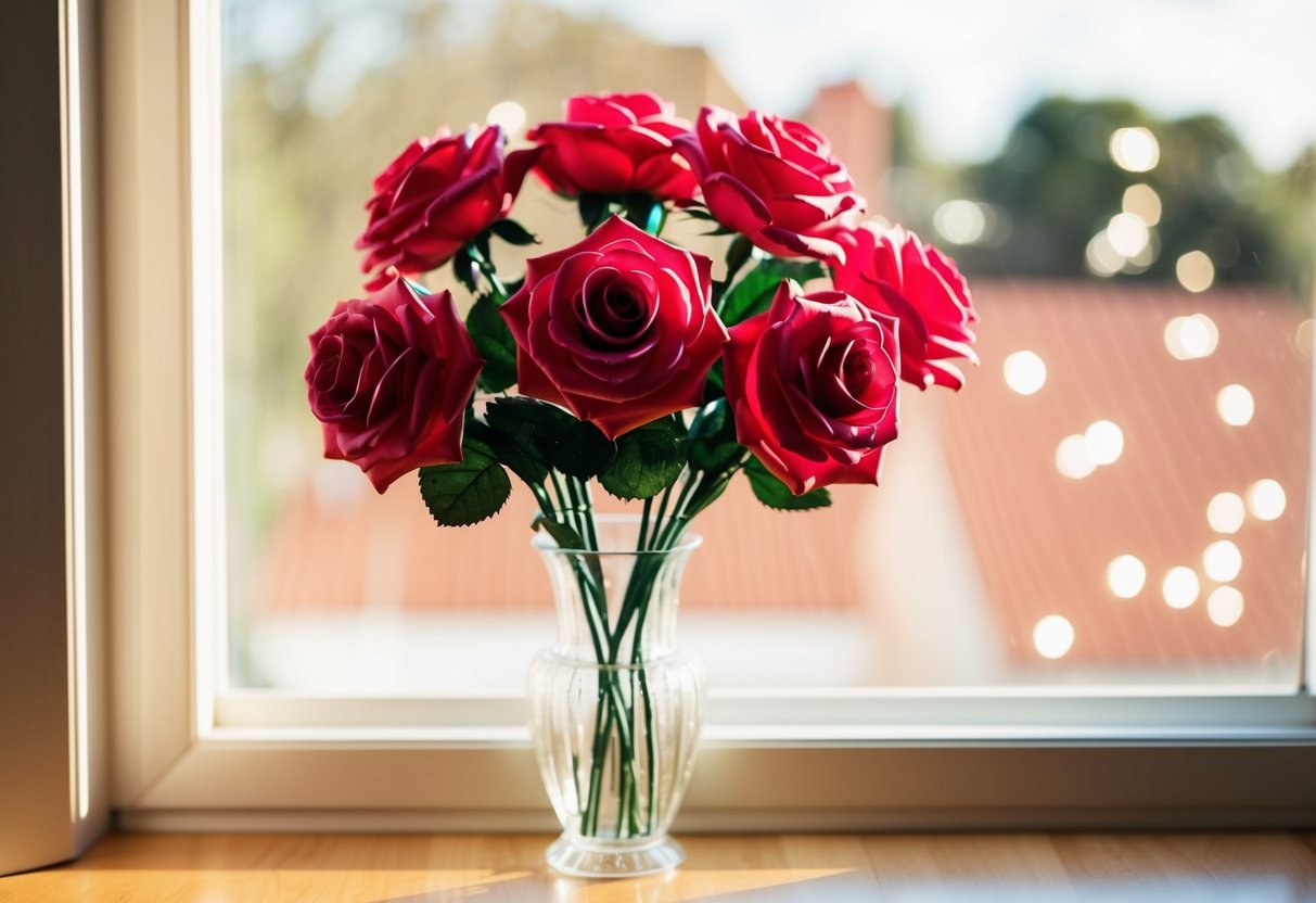 A vase of lifelike artificial roses on a sunlit windowsill