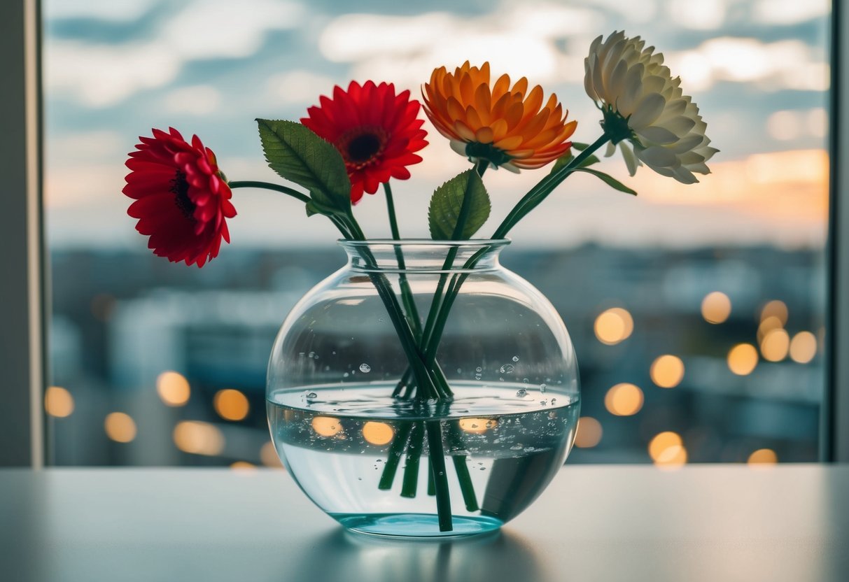 A clear vase filled with water, fake flowers submerged, creating a realistic water effect