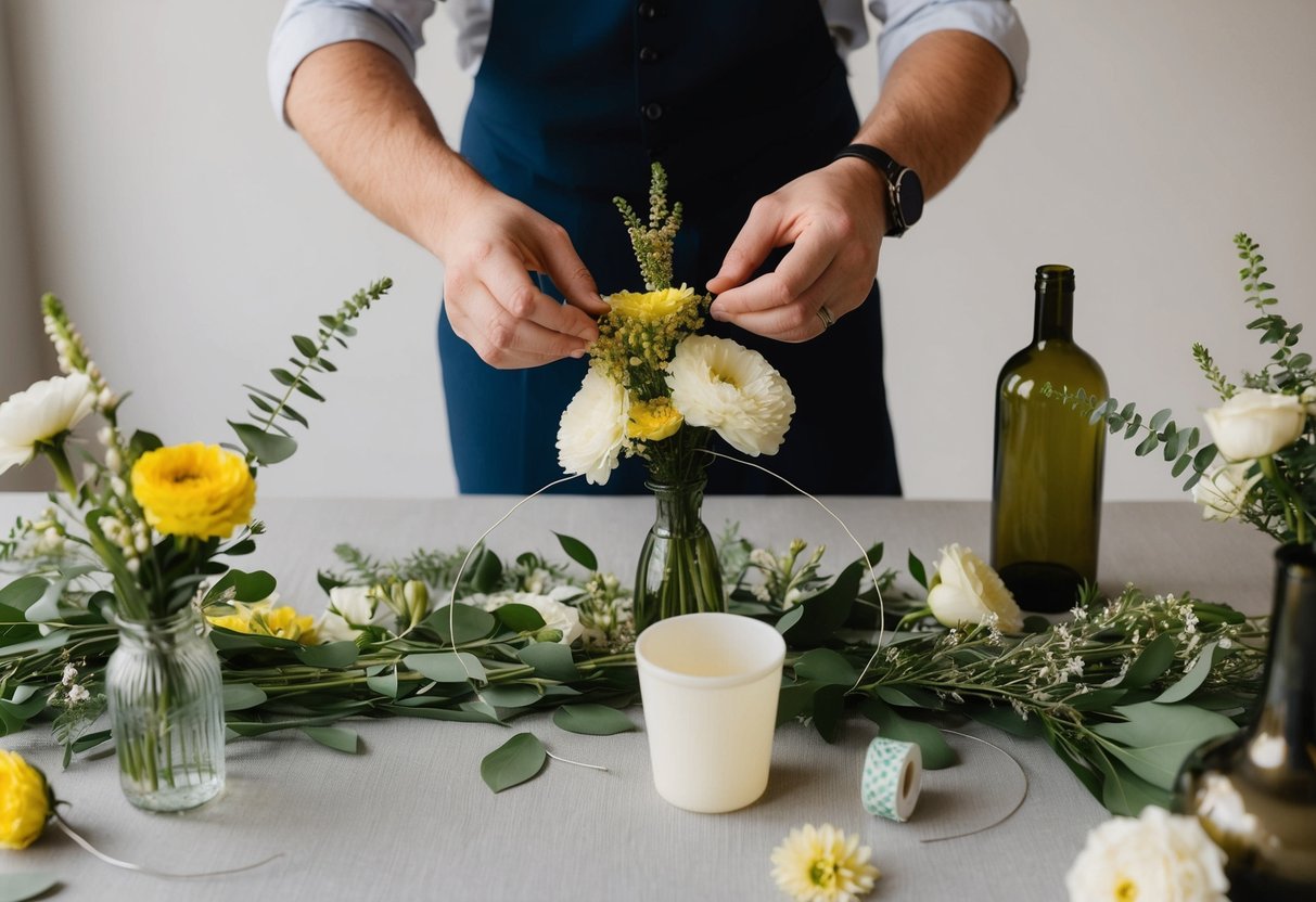 A table with scattered flowers, vases, and greenery. Hands assembling a floral centerpiece with wire and floral tape